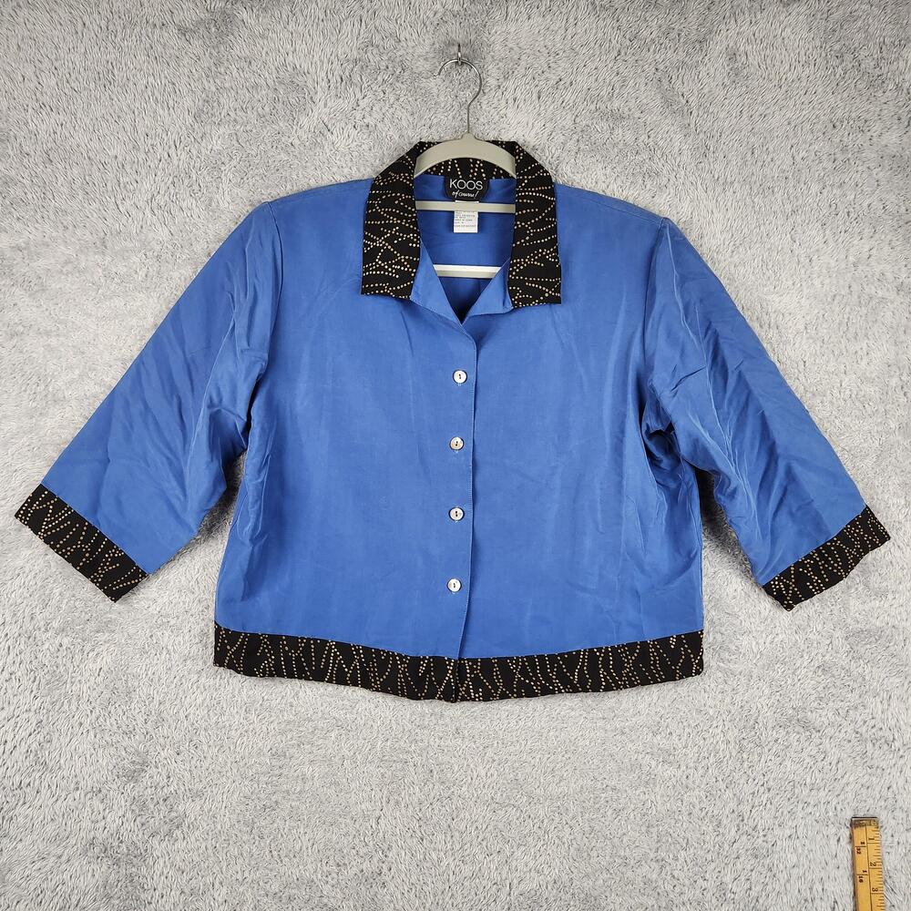 Vintage Koos Of Course Blouse Womens Medium Blue 3/4 Sleeve Ringer Boxy Top 90s